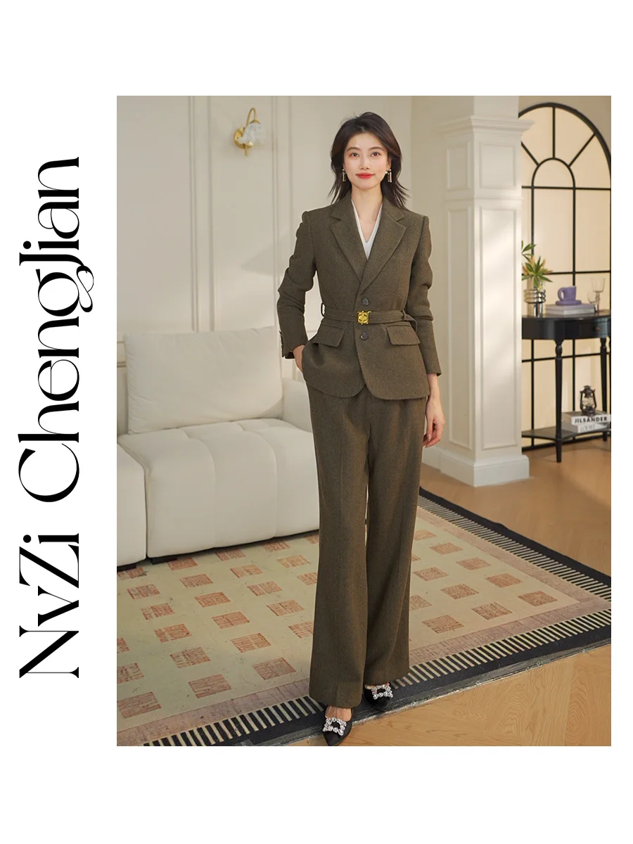 

Женский осенне-зимний шерстяной костюм с брюками, твидовый дизайн с узором «Трюфель», цвет хаки, на пуговицах, приталенный, для офиса