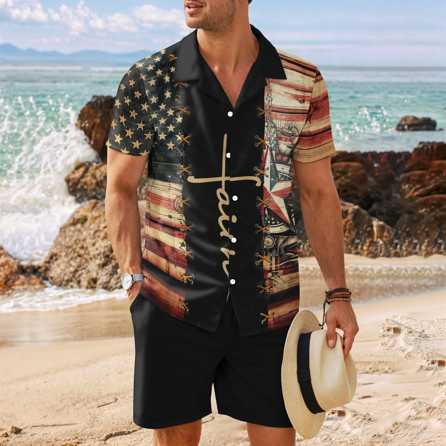 

Летняя мужская новинка 2025 года, повседневная модная гавайская рубашка с кубинским воротником и короткими рукавами