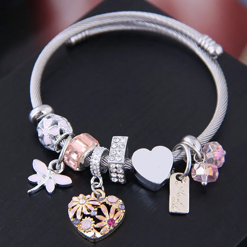 

Stainless Steel Cat Bear Dragonfly Wings Heart Pendants Bracelet for Women Girls Elegant Design Lucky Bangles Jewelry Gift
