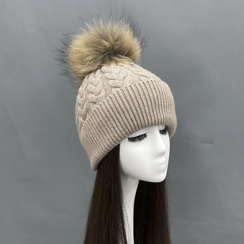 JANEFUR Women Angora Beanie Hat With Real Raccoon Fur Pom Pom Women Warm Hat Outdoor Winter Knitted Cap In Stock