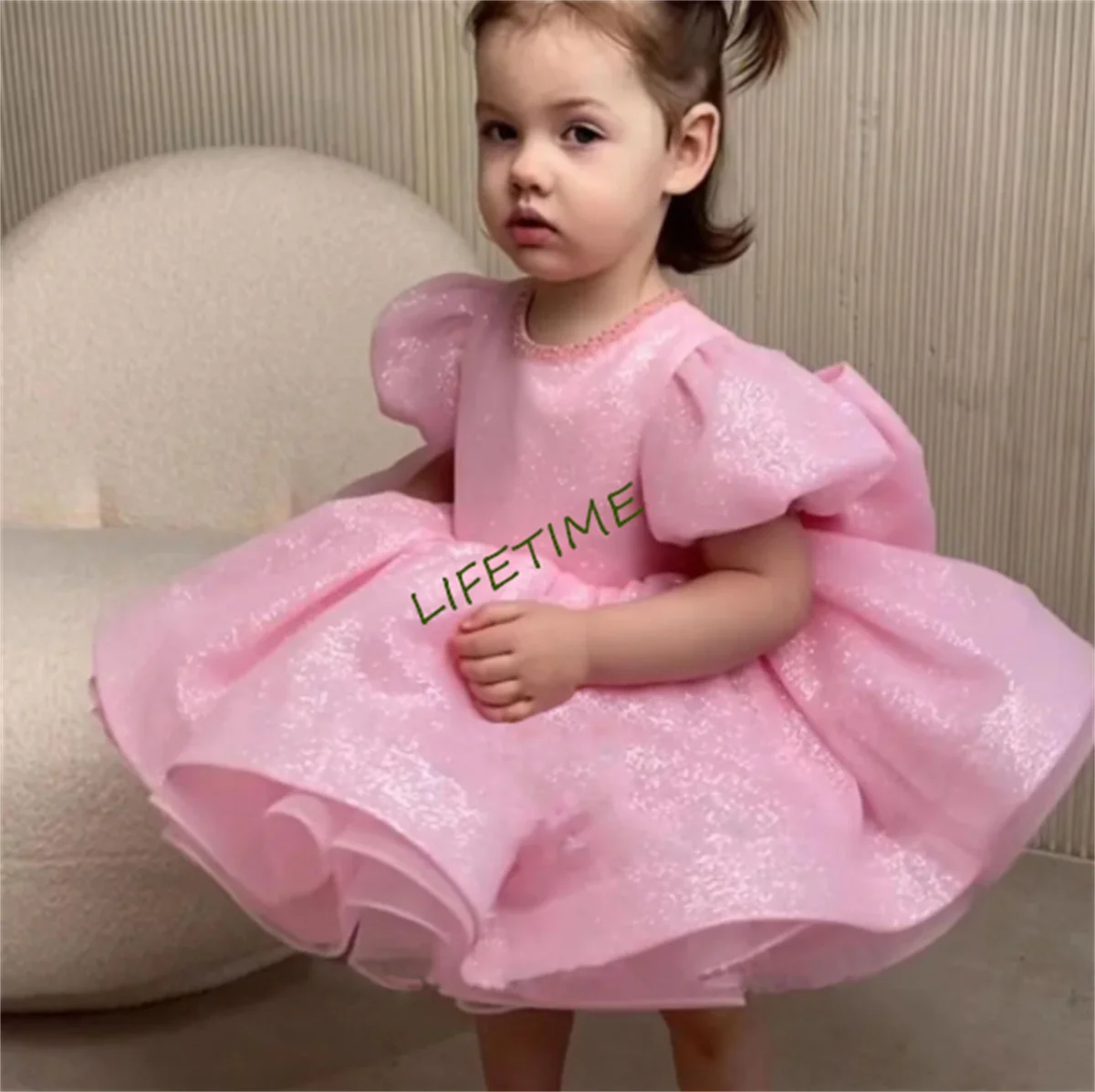 Pink Puffy Flower Girl Dress Princess Ball Gown with Big Bow Baby Girl Birthday Party Gown Glitter First Communion Dress