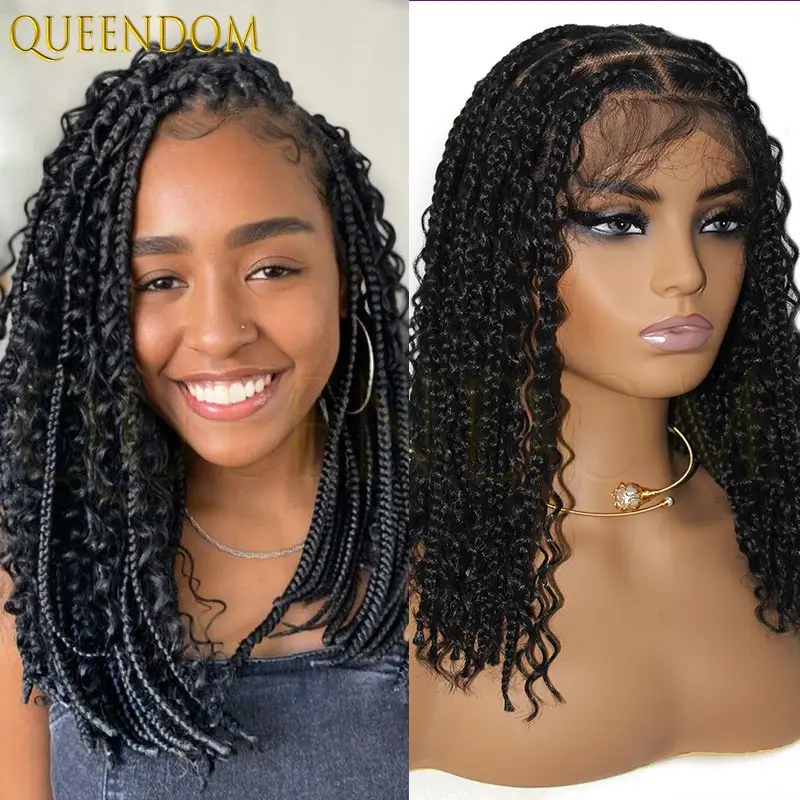 

Короткие косички в стиле бохо, парик для чернокожих женщин, вьющиеся концы, синтетическая коробка без узлов, полные кружевные африканские богемные плетеные парики