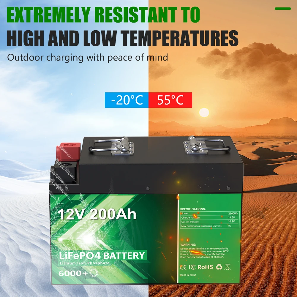 Batería LiFePO4 de 12V, 200Ah, 2,56Kwh, más de 6000 ciclos, Bluetooth, 12,8 V, 100Ah, 300Ah, batería de litio para almacenamiento de energía Solar RV doméstico