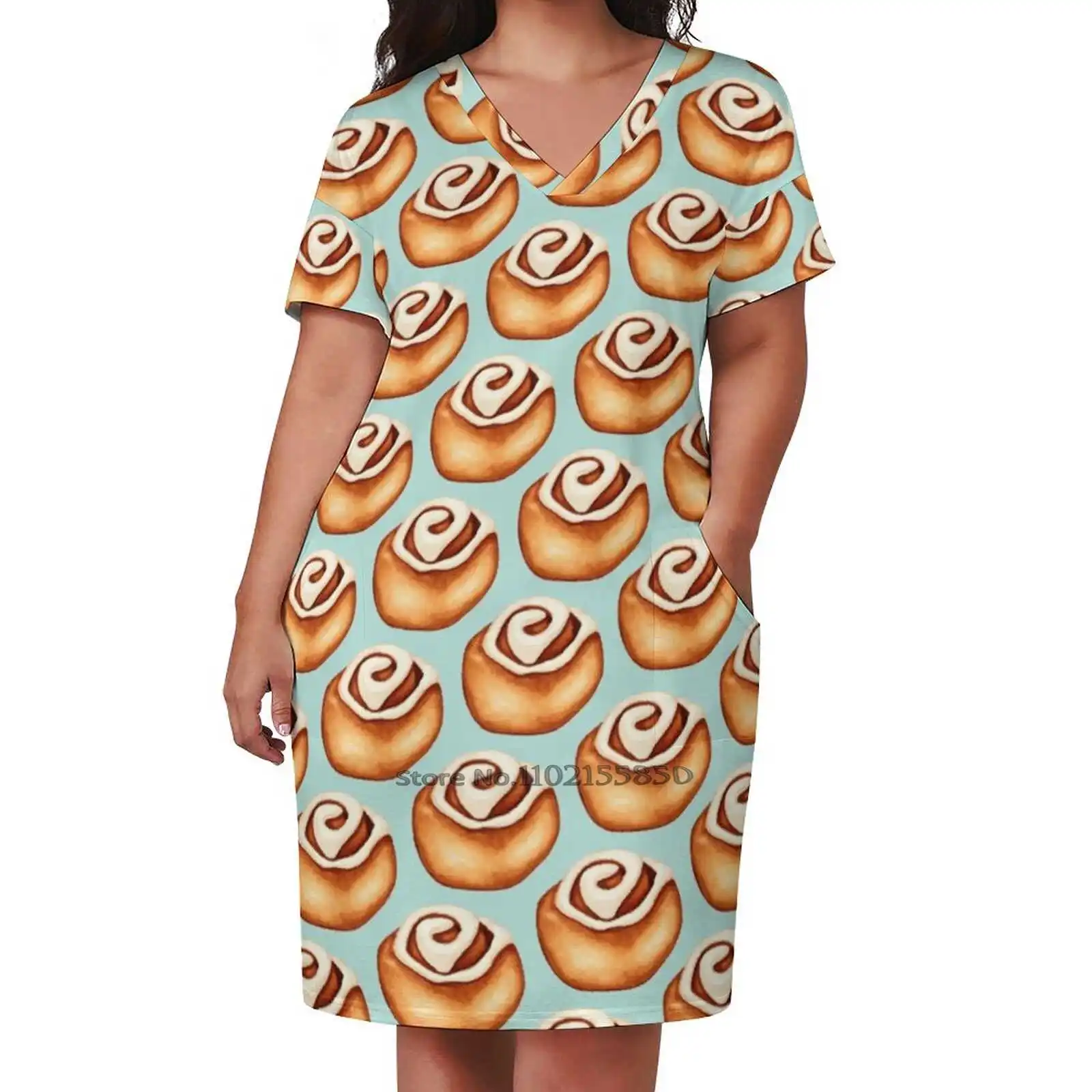 Cinnamon Roll Pattern - Blue Loose Pocket Dress Women'S Printed Dresses V Neck Casual Dress New Design Cinnamon Roll Food