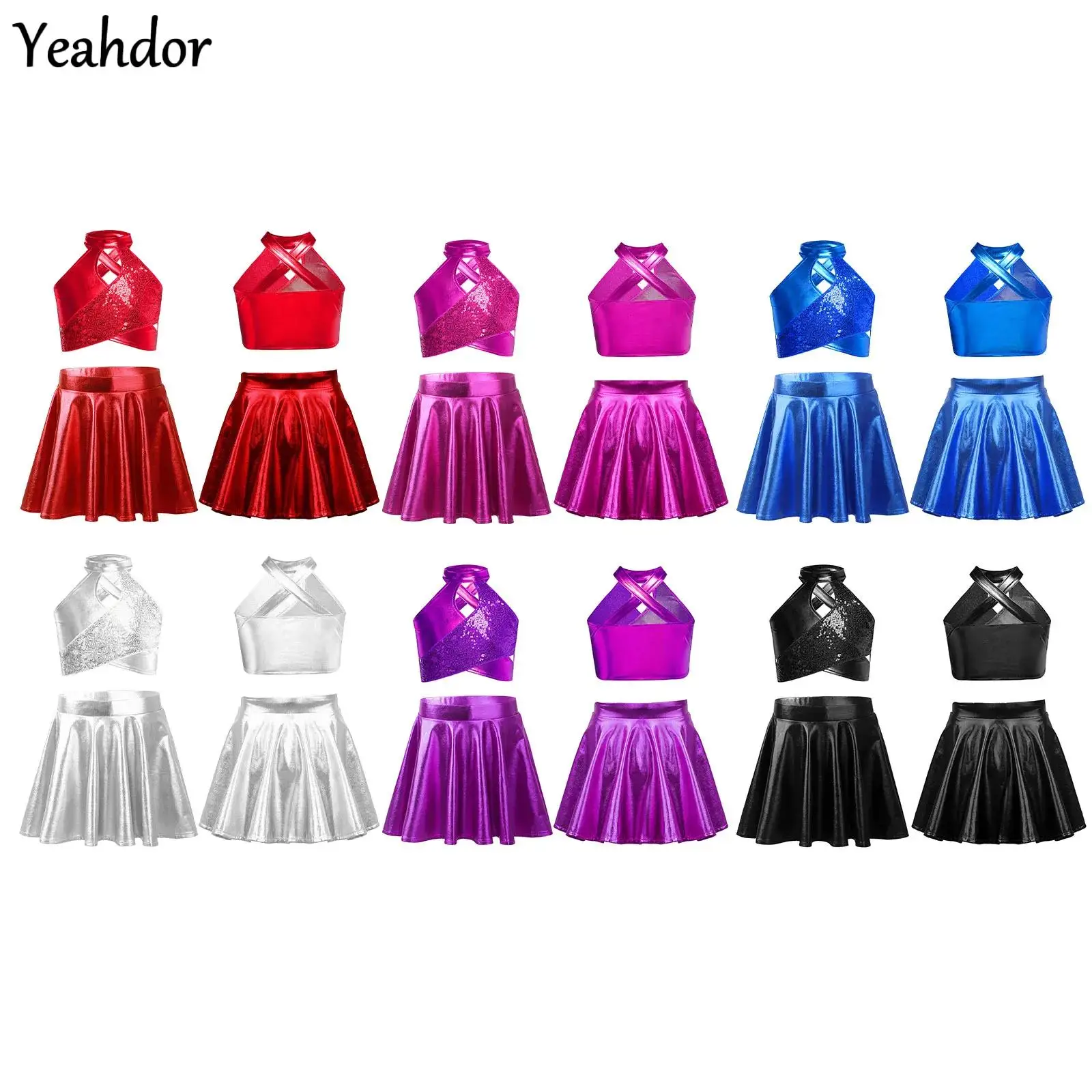 

Kids Girls Sparkly Sequins Jazz Dance Outfit Shiny Metallic Crop Top with A-Line Skirt Sets Cheerleading Performance Costumes
