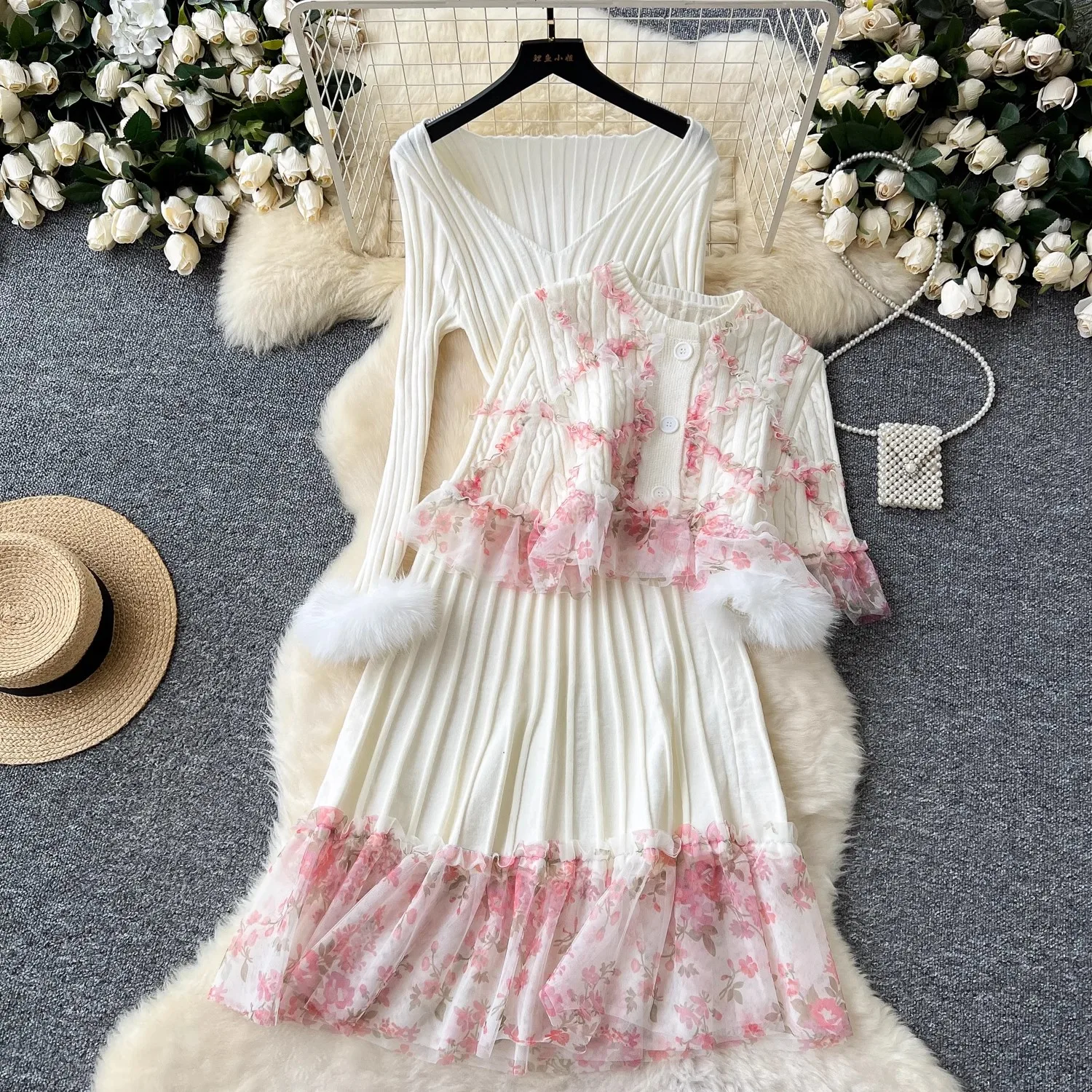 Autumn Winter Sweater Dress 2 Pieces Set Women Long Sleeve Mesh Splicing Knitted Dress And Cardigan Tops Set Female Outfits