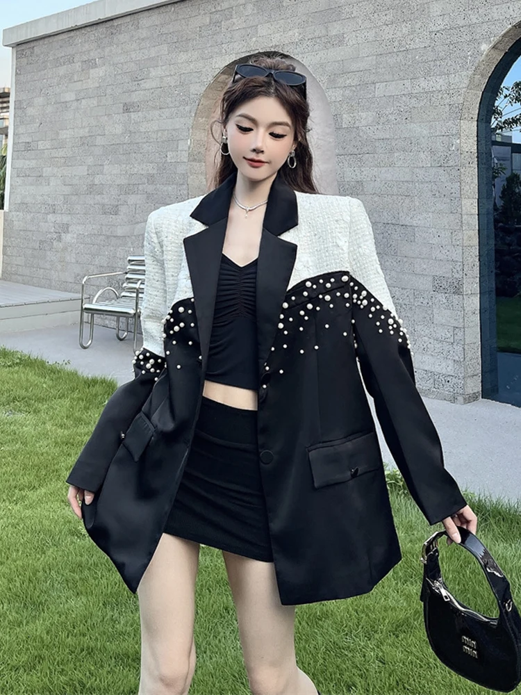 تصميم جديد سترة مطرزة باللؤلؤ للنساء سترة تويد مرقعة بألوان متباينة 2026 ملابس خارجية فاخرة للربيع والخريف INKEO 5O120 #6