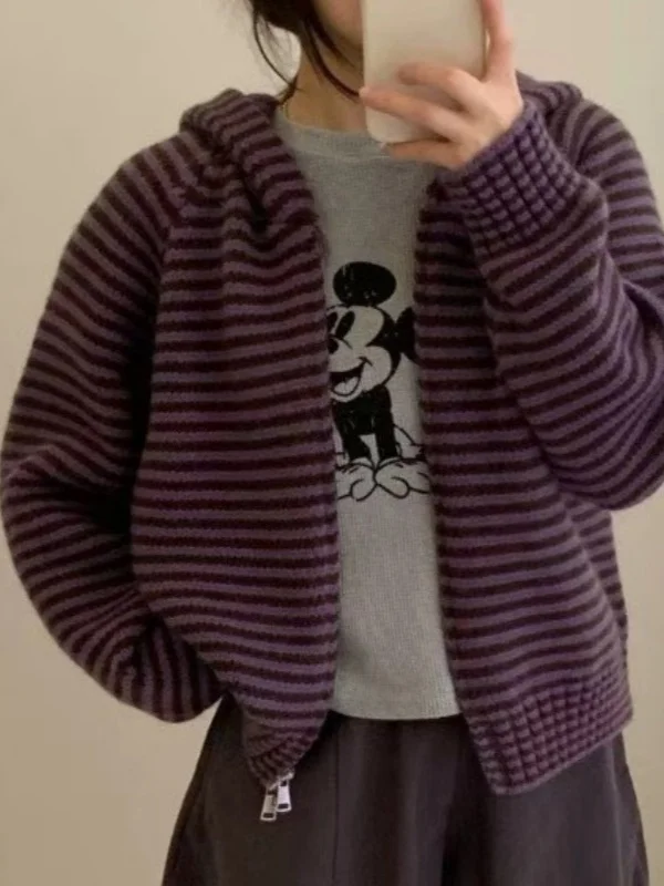 Korean Style Striped Double Zipper Hooded Knitted Open Cardigan Women's Autumn Winter Loose Lazy Style Sweater Jacket Thick