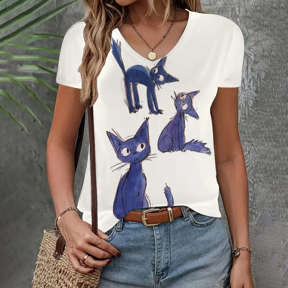 

T-shirt Women's Clothing Cat Cute Pattern Top Summer Loose V-neck Short Sleeve Fashion Elegant Half Sleeve Women's T-shirt New