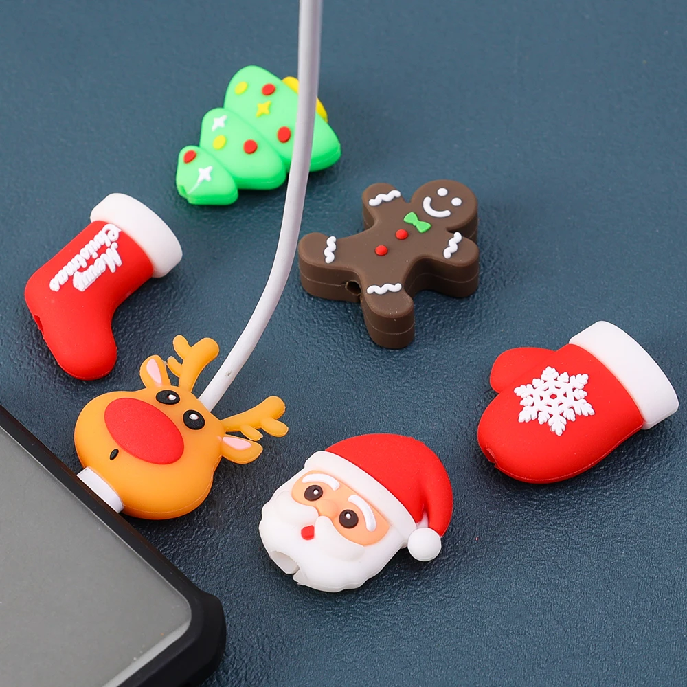 Cartoon Christmas USB Cable Saver Wire Cord Protector dla iPhone Xiaomi Samsung Huawei Charger Wire Miękki silikonowy pokrowiec