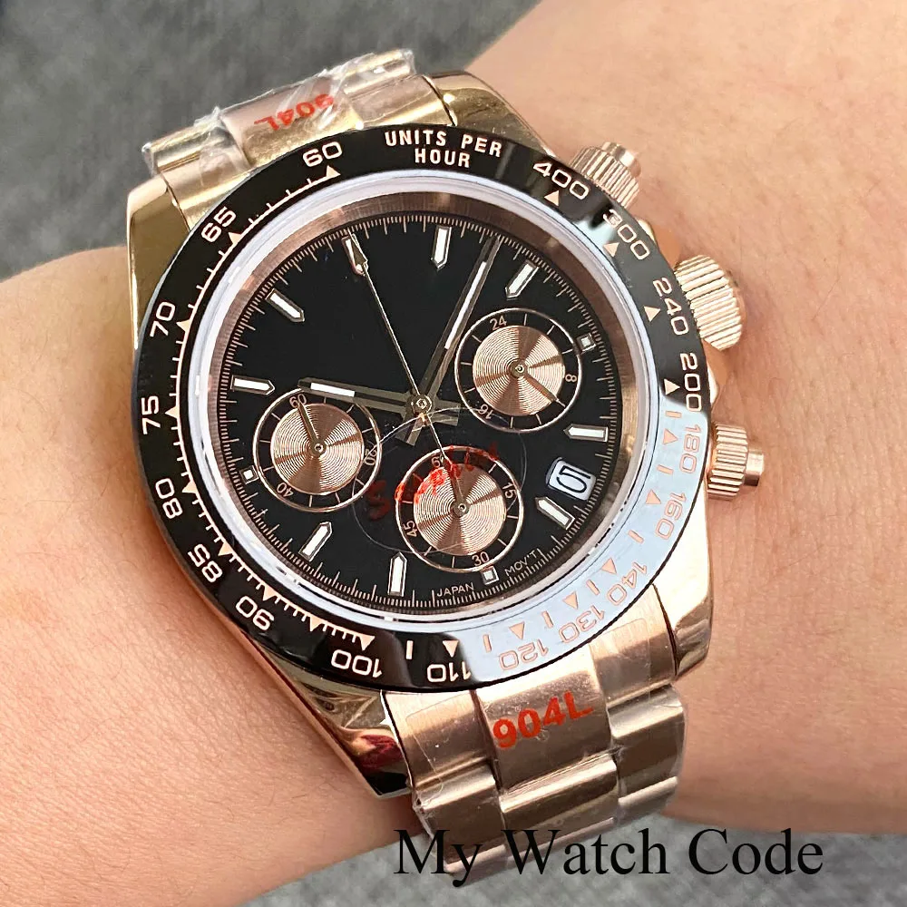 Nologo lua relógio rosa ouro velocidade chronograph vk63 ss relógio de quartzo para homem logotipo personalizado 904l pulseira relógio esporte de luxo relogio