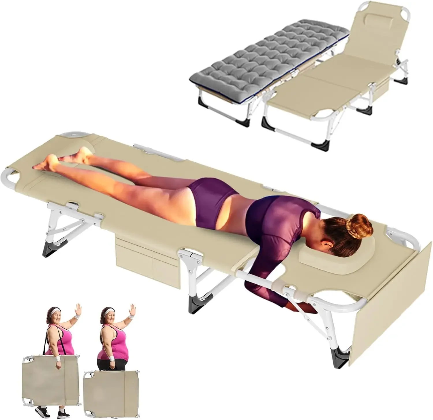 

3 in 1 Sun Tanning Chair Oversized with Mat&Face Arm Hole, Heavy Duty Folding Chaise Lounge Chairs, 5-Position Outdoor