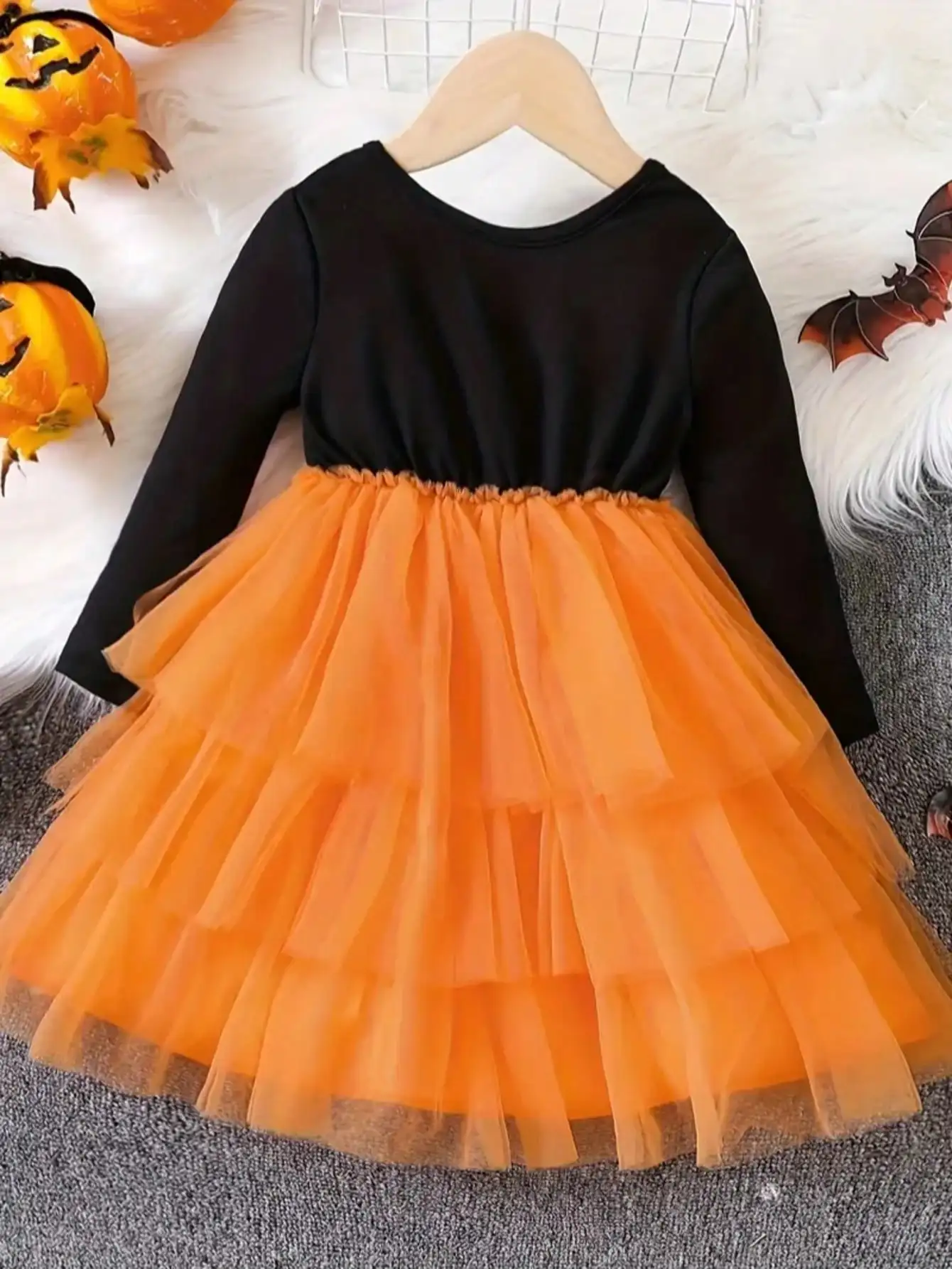 Halloween Children's Long Sleeve Mesh Dress Pumpkin Pattern Printed Casual round Neck Autumn Winter Clothing for Kids
