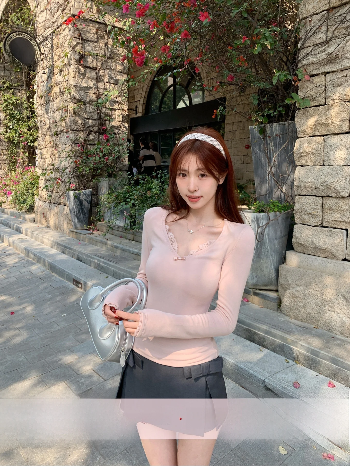 

Morning Bloom Pink Lace Trim Long Sleeve Slim Fit Women's T-shirt Casual Style Spring New Arrival Comfortable Soft Fabric