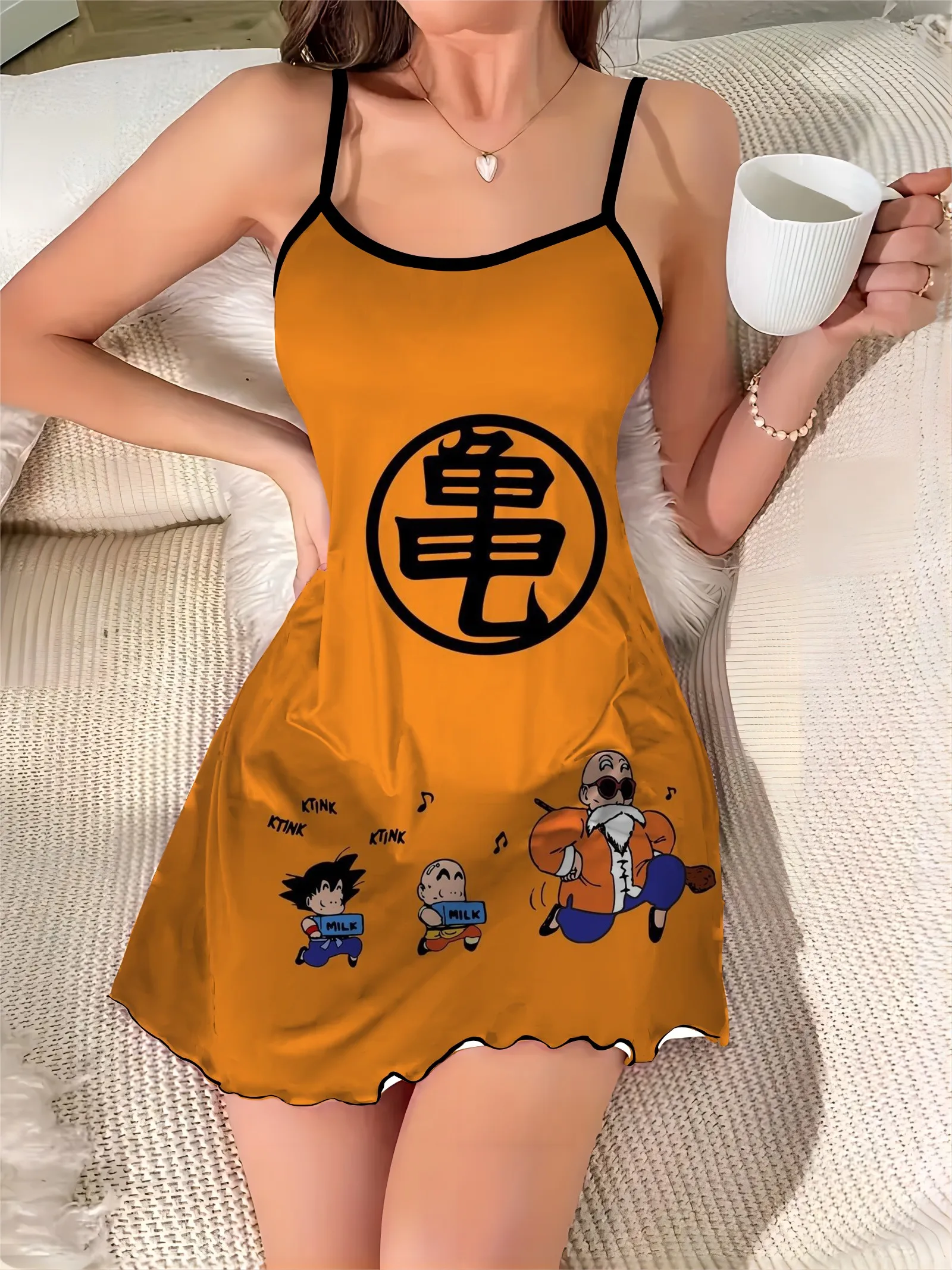 Sexy Dress Dragon Ball Elegant Dresses for Women Satin Surface Lettuce Trim Crew Neck Son Goku Fashion Summer 2024 Women's Chic