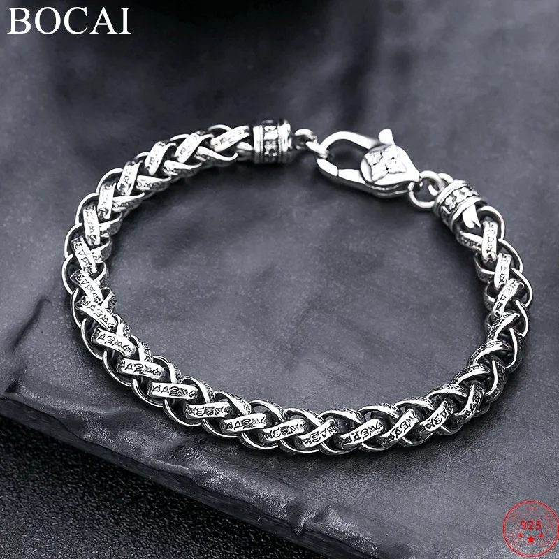 

BOCAI S925 Sterling Silver Bracelets Six Syllable Mantra Vajra Pestle the Great Wall Pattern Hand String Jewelry Free Shipping