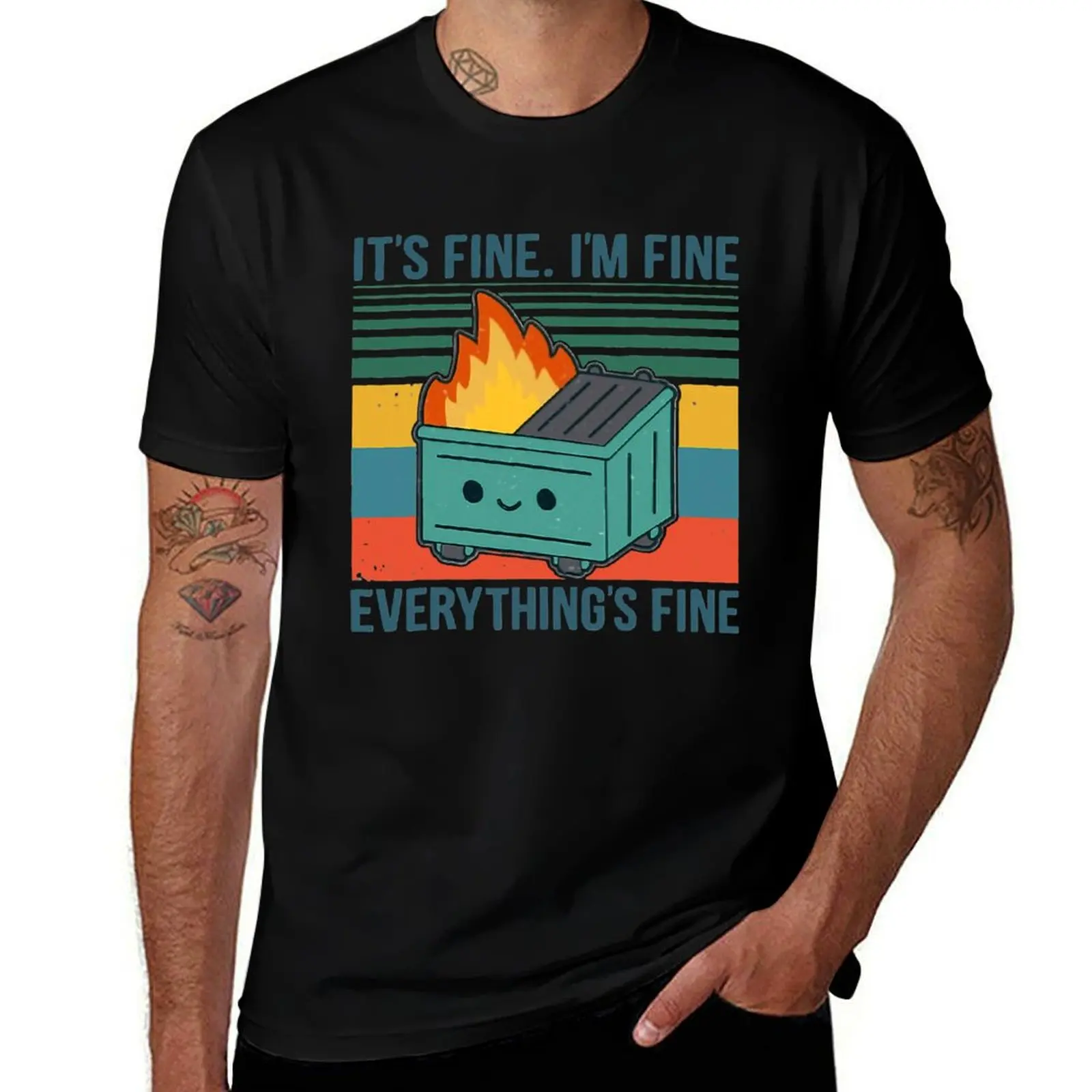 

Retro Dumpster Fire It’s Fine I’m Fine Everything’s T-Shirt funny shirt cotton Funny t-shirt blue lock shirts men graphic