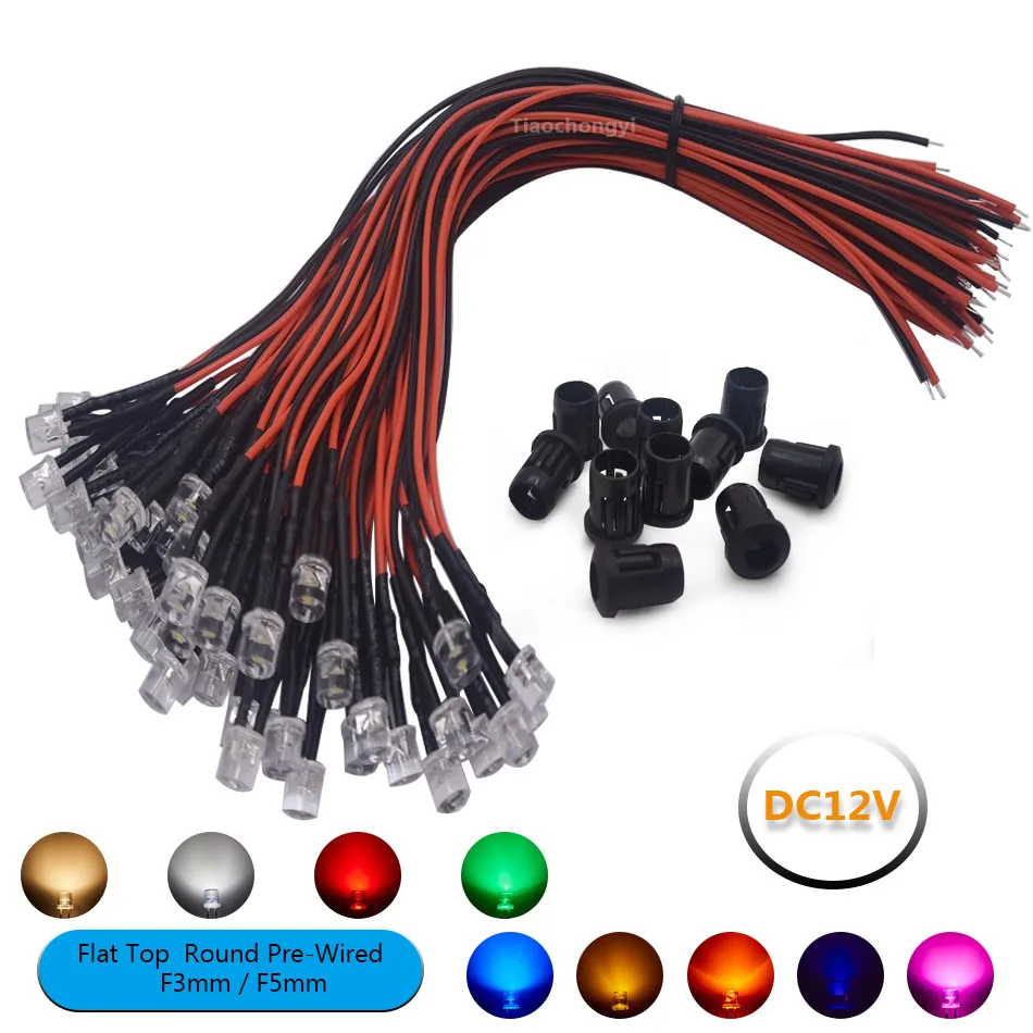 10-50szt 3mm 5mm Flat Top LED Wstępnie okablowana przezroczysta dioda wodna DC12V Czerwony Zielony Niebieski Biały RGB UV z plastikowym uchwytem