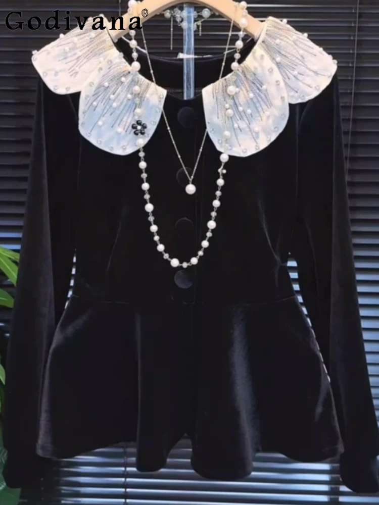 

Осенний корейский модный универсальный топ большого размера с круглым вырезом и бриллиантами, милый топ с воротником Питера Пэна, черные простые бархатные топы с длинными рукавами