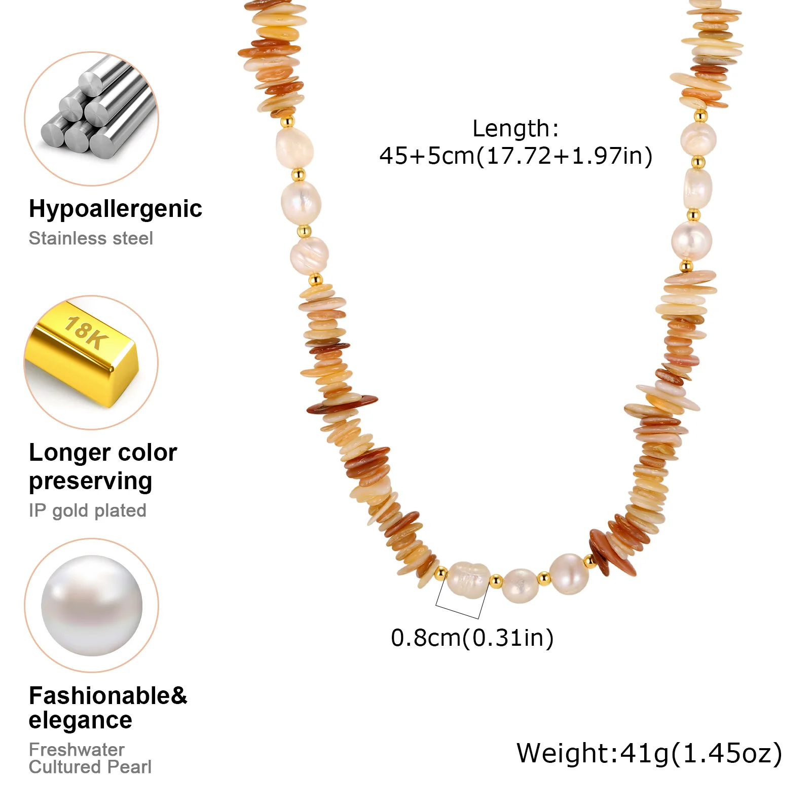 Stainless Steel Natural Stone Freshwater Pearl Beaded Necklace Gold Color Wom For Women Fashion Jewelry