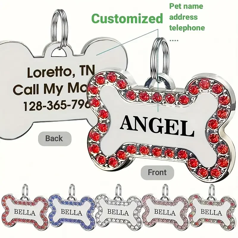 Zinklegierung Knochen Haustier ID Tags Gravierte Strasssteine Name Nummer Adresse Katze Hundehalsband Anhänger Welpen Halskette Charm Zubehör – Detail 4