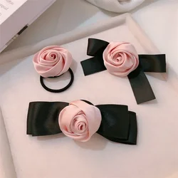 Pink Rose Bow Hair Clips For Girls Women Black Elastic Head Bands Student Braided Headrope Kids Hairpin Fashion Hair Accessories