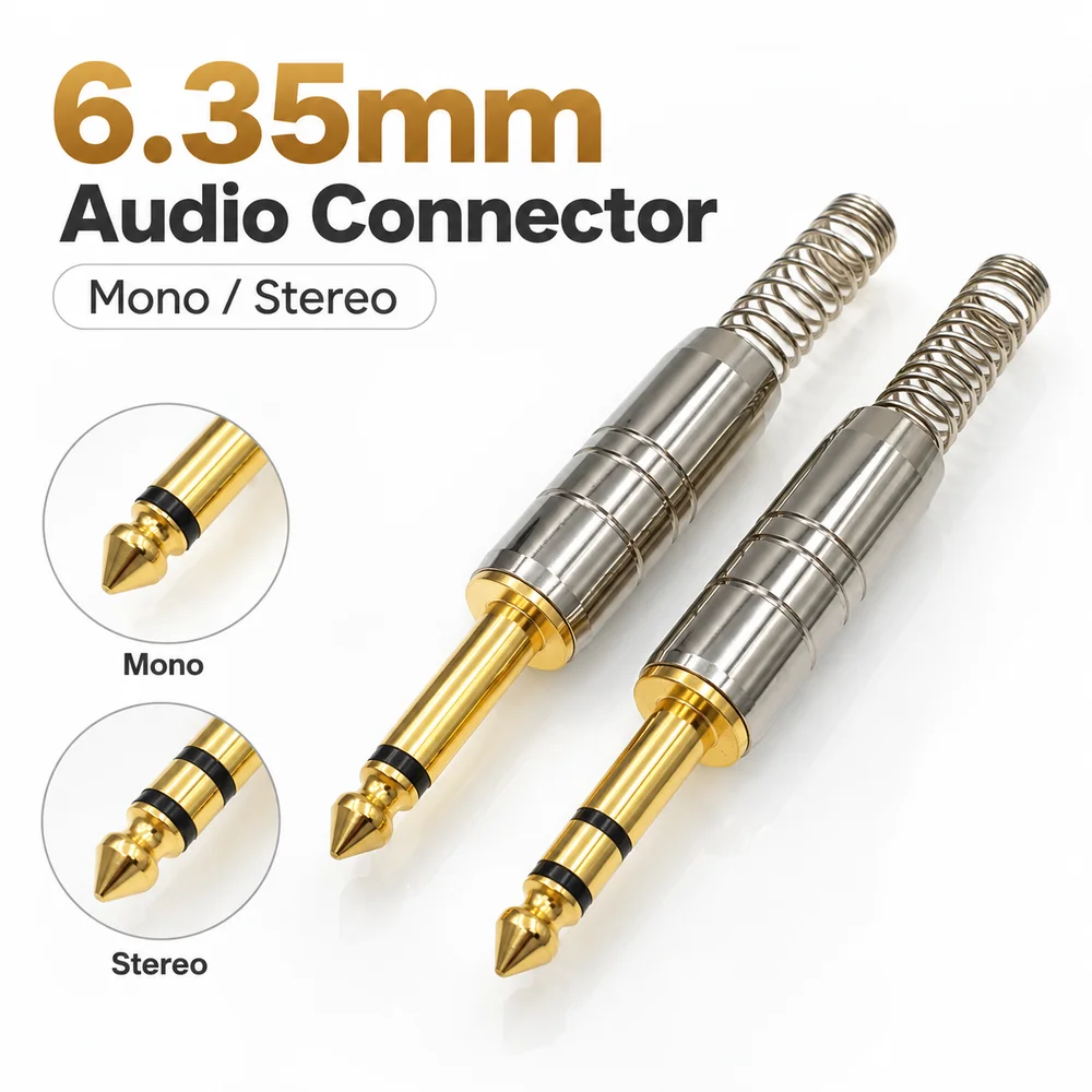 1Pcs 6.35mm Audio Jack Plug Metal Spring Loaded 6.35mm Audio Connector 2Pole 3Pole Solder Connection