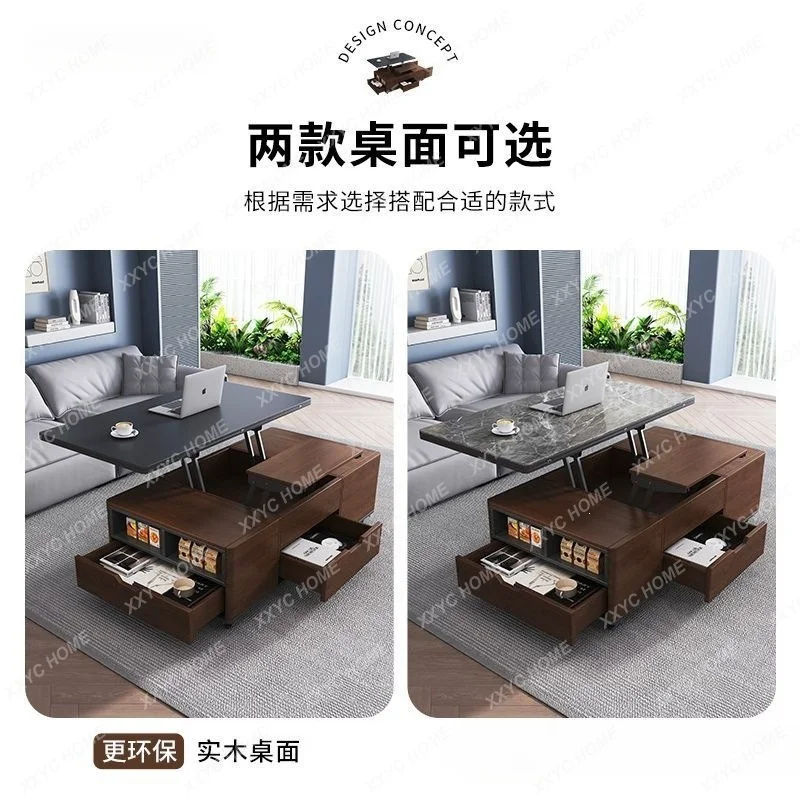 XX Rock slab coffee table new home living room rectangular lifting coffee table foldable mobile tea table wood ethnic style