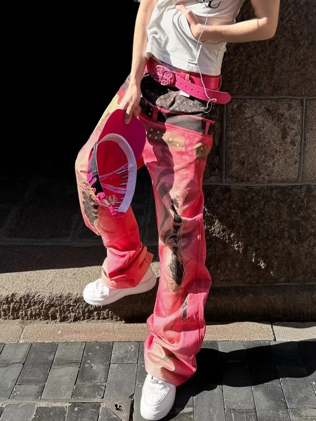Y2K American Vintage Personalized Mottled Totem Print Baggy Jeans Men's High Waist Wide Leg Jeans Trendy Hip-hop Jeans