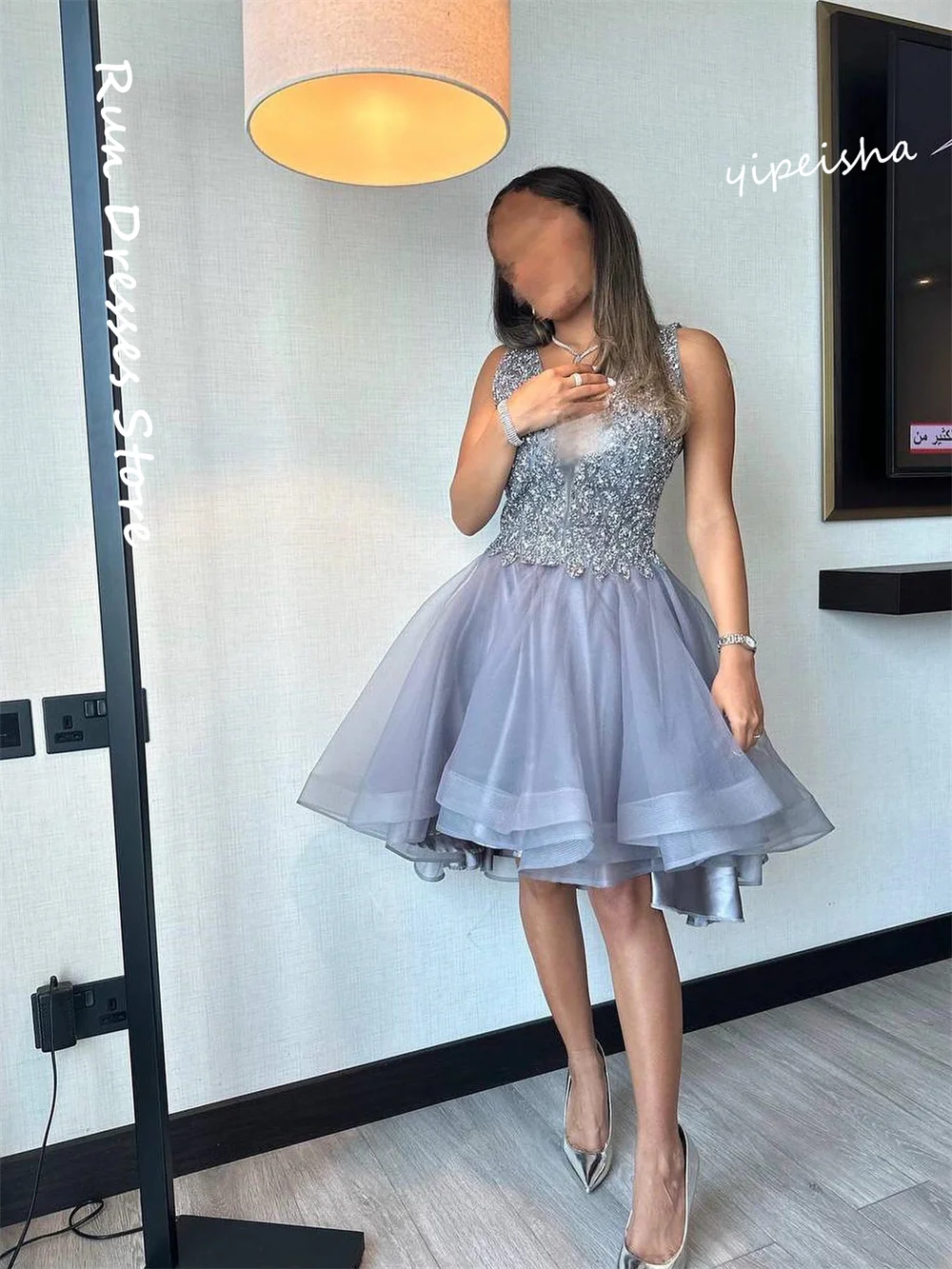 Vestido de fiesta con cuello en V, traje de Organza con diamantes de imitación, hasta la rodilla, Formal, para ocasiones