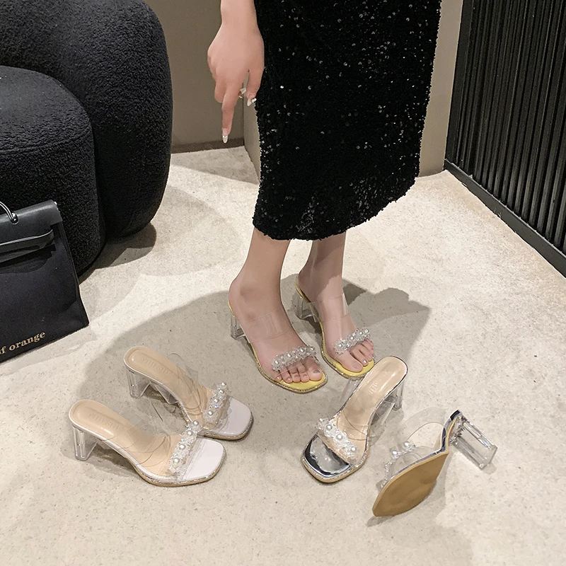 2026 Summer Elegant Transparent Chunky Heel Shoes Luxury Pearl Decoration Square Head Slippers Ladies Sandals Large Size 34-40 view 6