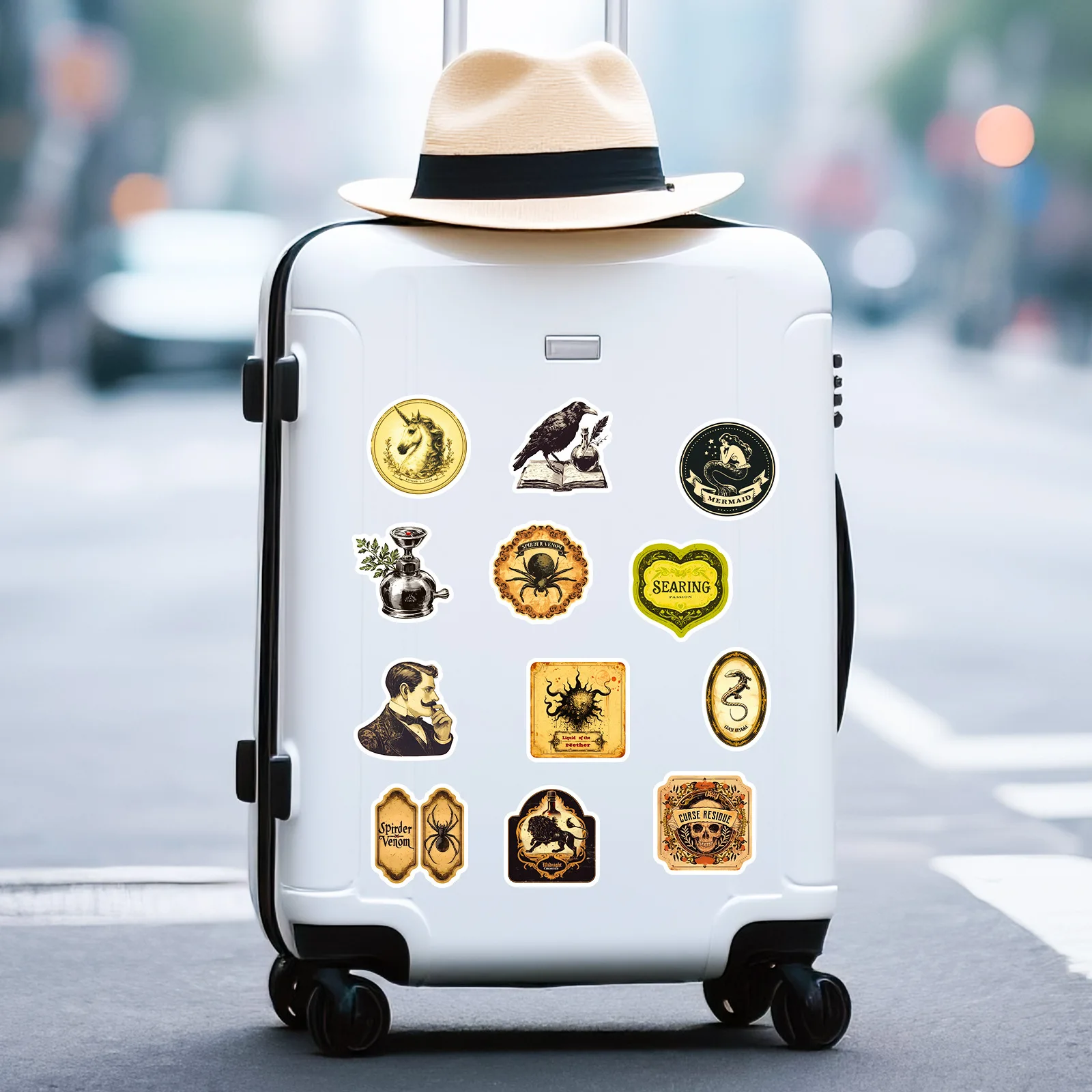 50 قطعة من ملصقات الكتابة على الجدران الصيدلي الإرهاب الجمجمة العنكبوت الغراب الكرتون الرجعية ملصقات الزخرفية شخصية