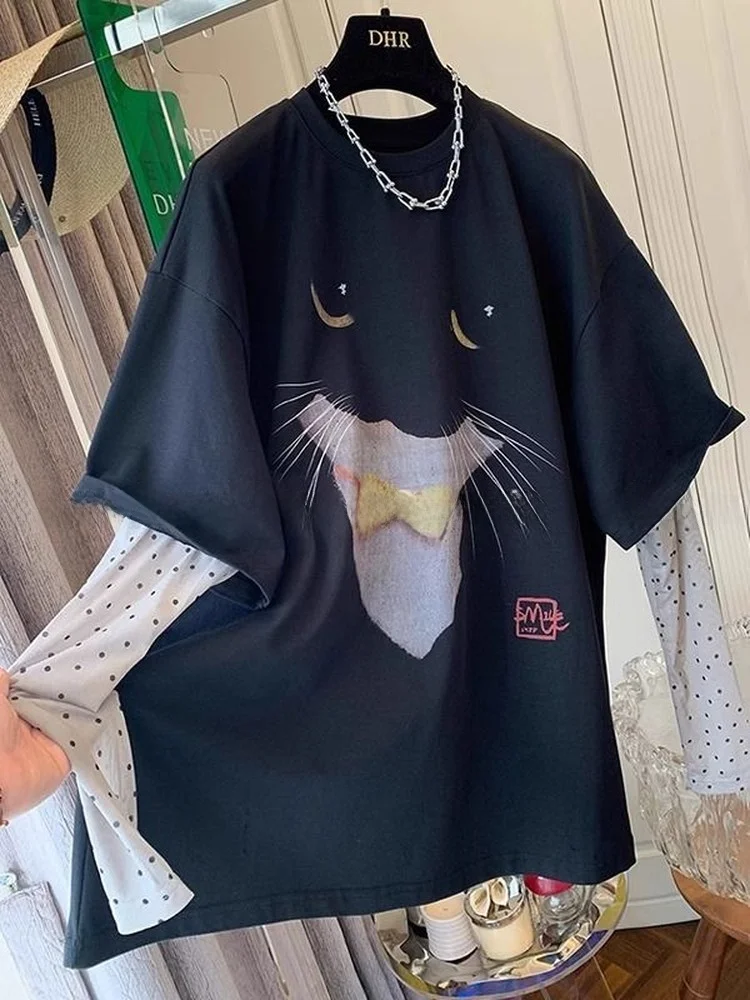 

Женская свободная футболка больших размеров с уникальным красивым принтом в горошек, весенне-летний топ в корейском стиле, модель 300 Pou