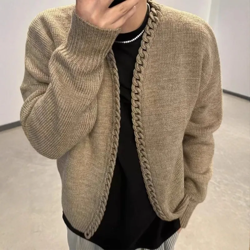 KIDWHXR Autumn Man Knitted Sweater Streetwear V-neck Male Cardigans Retro Simple Solid Slim Long Sleeve Versatile Men Coat