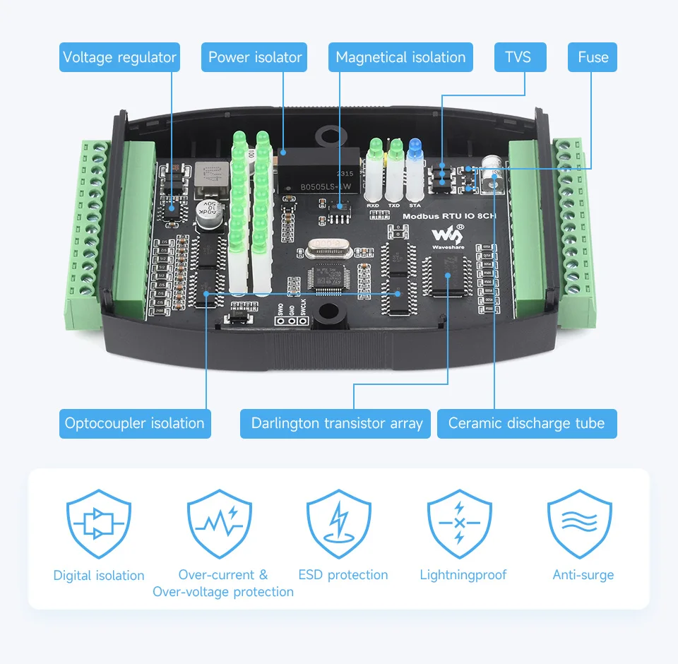 Waveshare Industrial 8-Ch Digital Input & Output Module, DC 7~36V Wide Voltage Power Supply, Modbus RTU Protocol, Rail-Mount