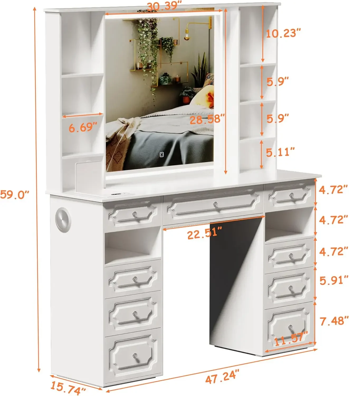 Vanity Desk with Mirror & Light,Makeup Vanity Table with Facial Mask Box,Vanity Table with Bluetooth Speaker,Dressing Table