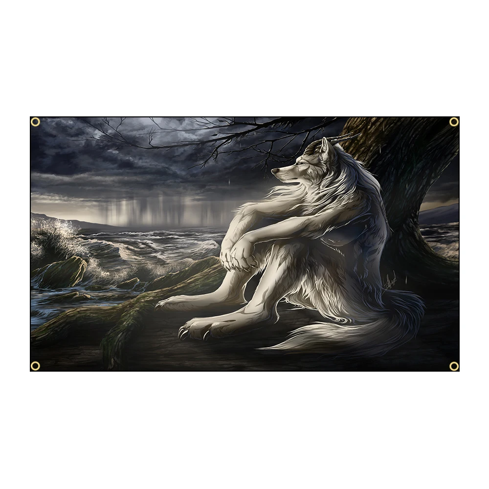 90x150cm 3X5FT Emo White Wolf Sitting Meme Flag Funny Polyester Printed Banner for Garage Wall Art Home Out Door Decoration