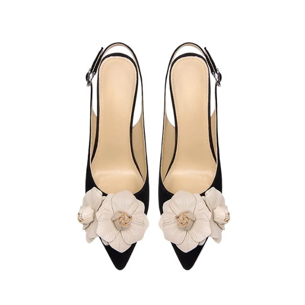 12CM/4.7inch High Heels Sandals,Women Pumps,Sexy Big Flower Shoes,Flock Slingbacks,Pointed Toe,Ankle Buckle Strap,Black,Dropship - view 6