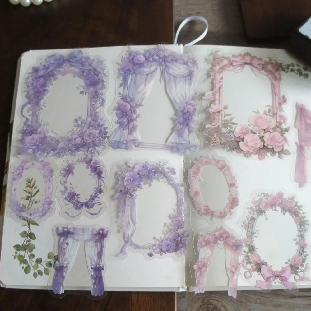 

18pcs Flower Ribbon Made Frame Border Curtain Style PVC Sticker Scrapbooking DIY Gift Label Decoration Tag