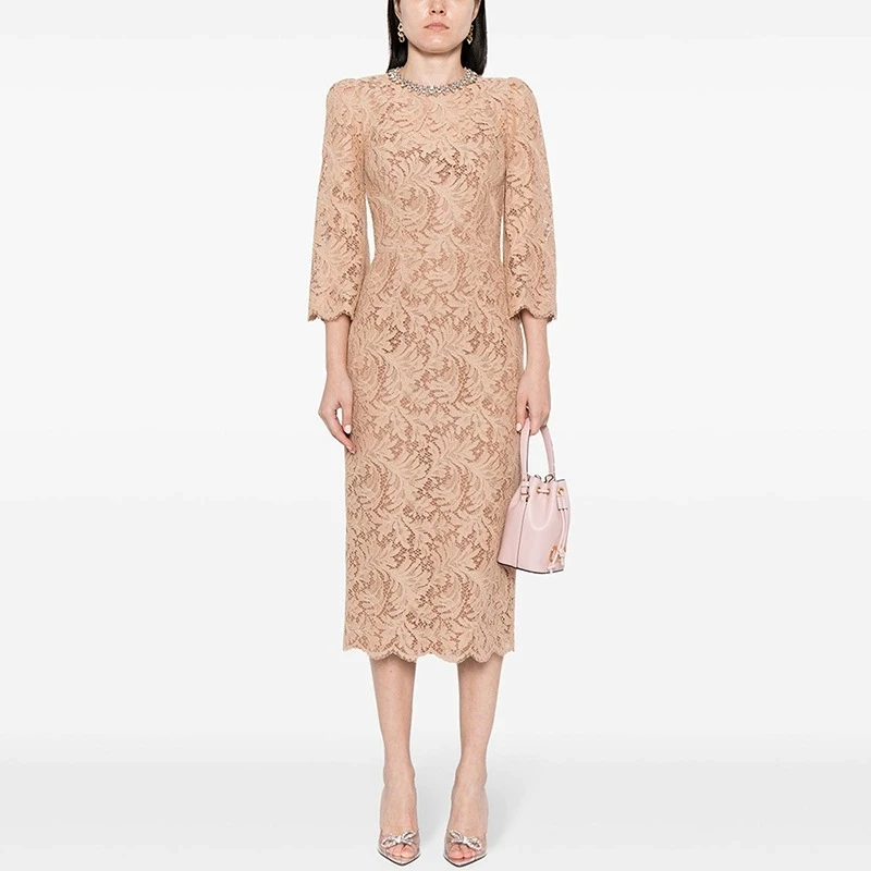 LEOSOXSSpring And Summer New Fashionable Commuting Nail Bead Inlaid Diamond Round Neck Long Sleeved Slim Fit WaterSoluble Lace D