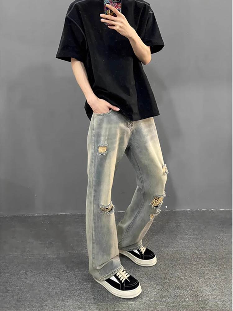 

Washed American High Street Men's Summer Thin Straight Leg Jeans Tear Hole Slimming Trendy Teenage Long Pants Casual Wear