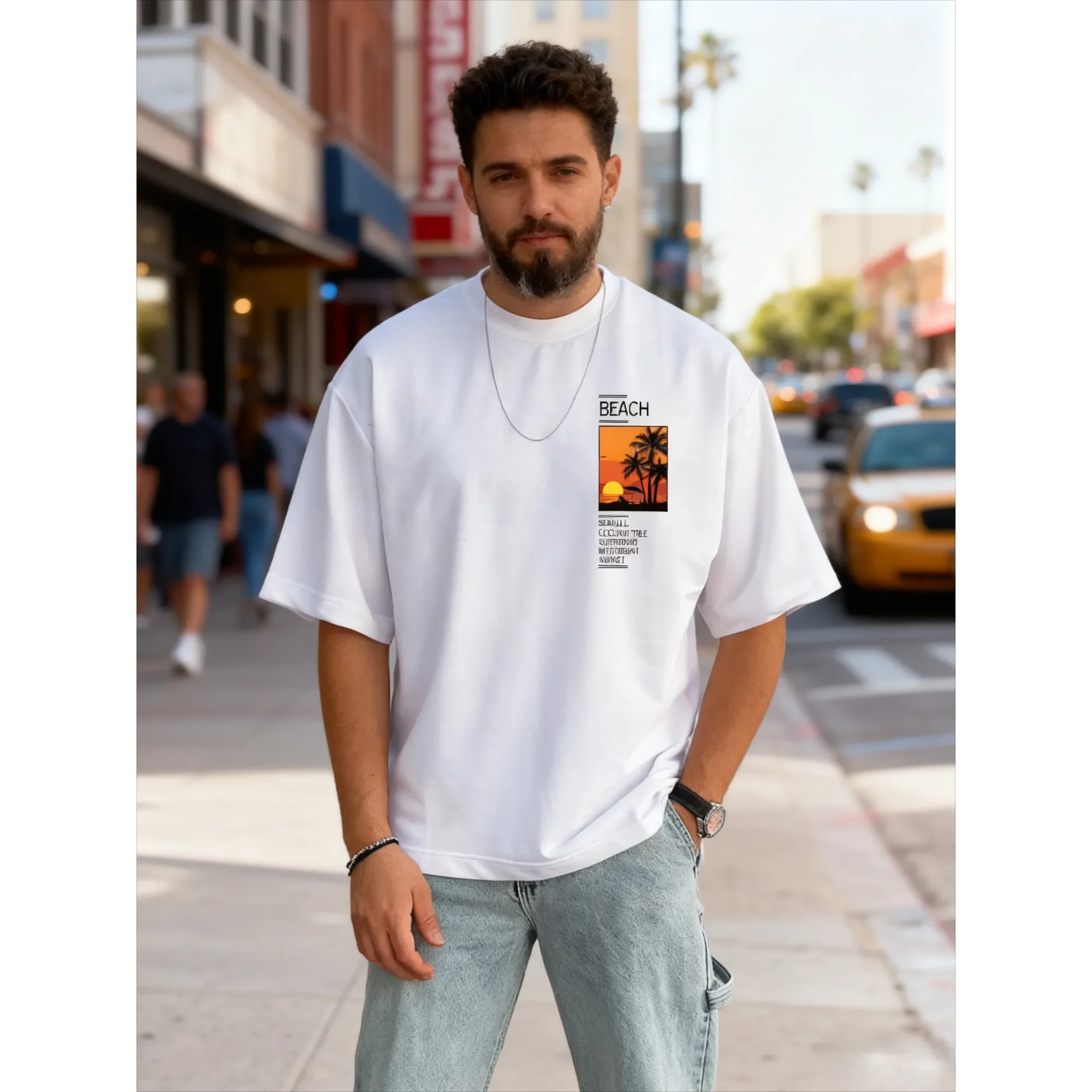 

Men's 100% cotton summer loose Coconut Tree&Sloan Graphic printed slim fit casual sports round neck short sleeved T-shirt top