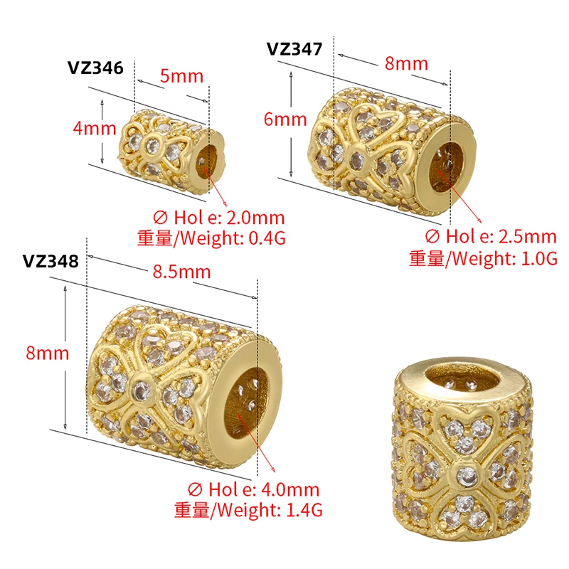 ZHUKOU 4/6/8mm cylindrical beads for jewelry making Cubic Zirconia heart  jewelry bead Bracelet beads accessories supplies VZ346