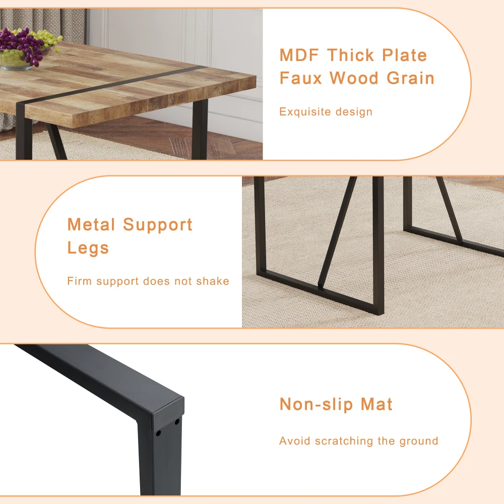 Uma mesa de jantar retangular retrô minimalista com tampo especialmente texturizado e pernas de metal preto