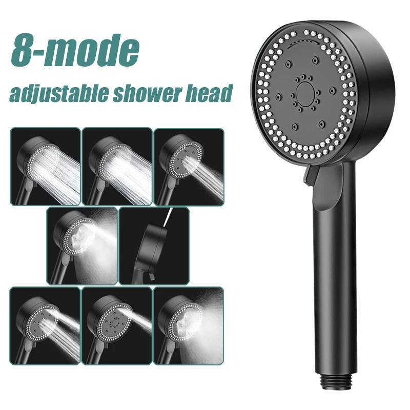 8 Modes Adjustable Shower Head High-pressure Water Saving Black Showerhead Handheld Massage Showers Bathroom Accessories