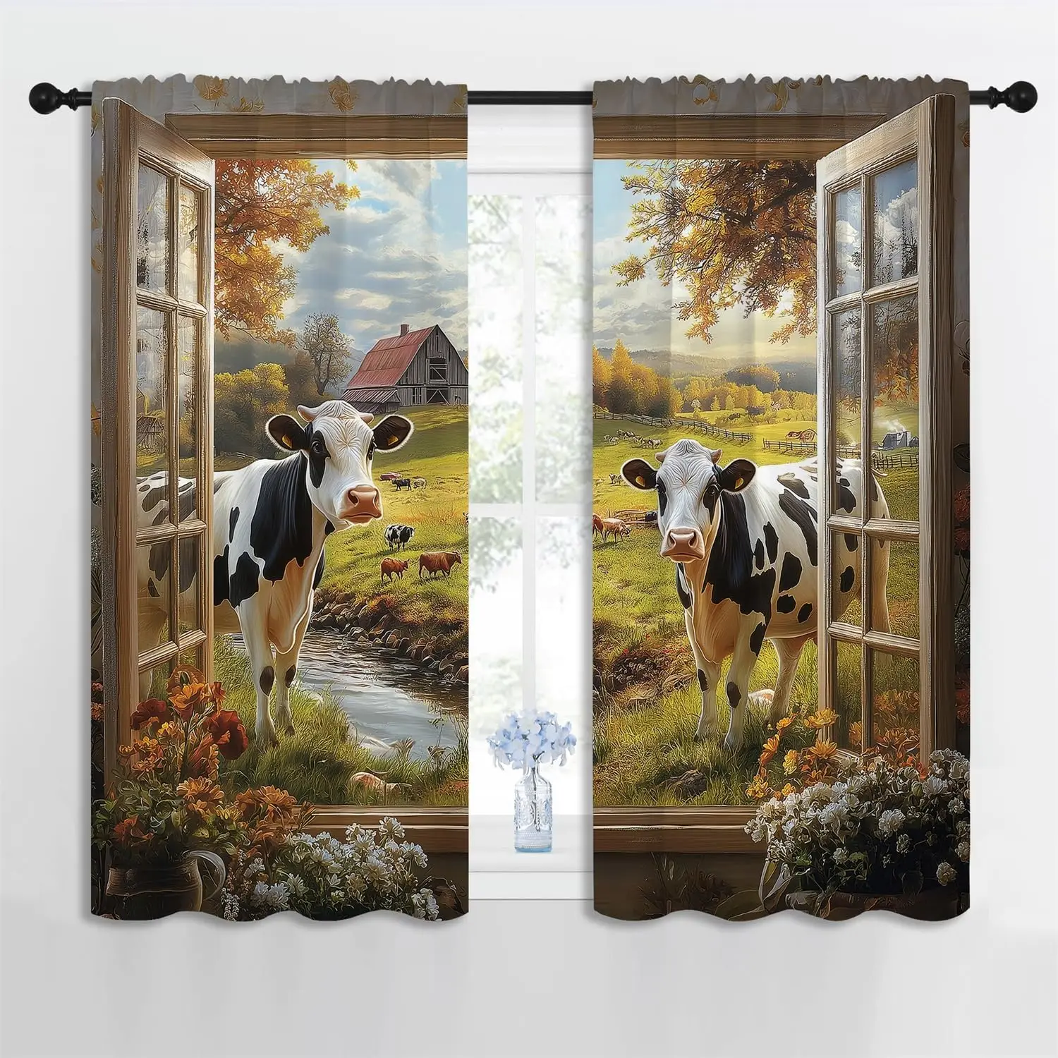 Rustic Farmhouse Cow Pastoral Curtain Window Drapes Cottage Scene Autumn Rural Living Room Decoration Realistic Window Covering