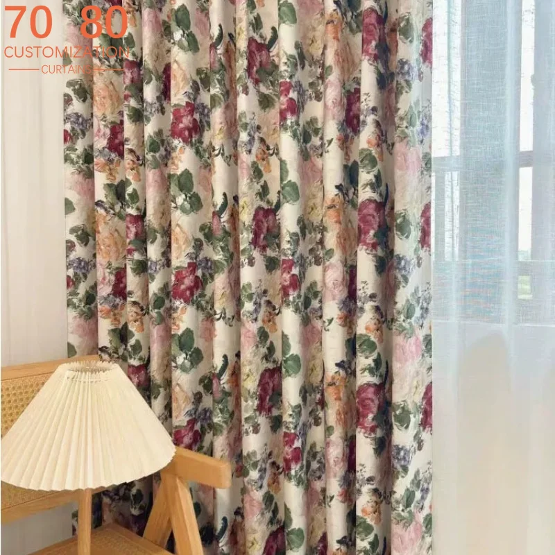 French Style Pastoral Retro Style Flowers Thickened Curtains for Living Room Bedroom French Window Balcony Customized Products