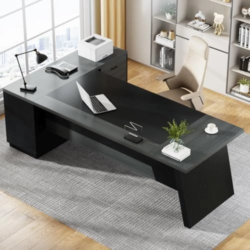 L-Shaped Executive Desk, 78-Inch Modern Office Desk with Drawers and Lateral File Cabinet, Large Bussiness Furniture