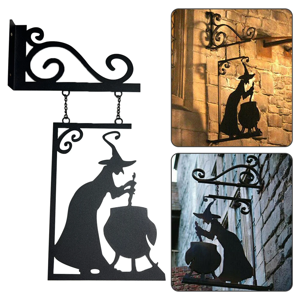 เครื่องทำตกแต่งฮาโลวีน Witch หม้อไอน้ำโลหะรูปเงาดำที่ติดมุมในสวนต้านทานการกัดกร่อนของครอบครัวหน้าบ้านงานปาร์ตี้ที่แขวนผนัง