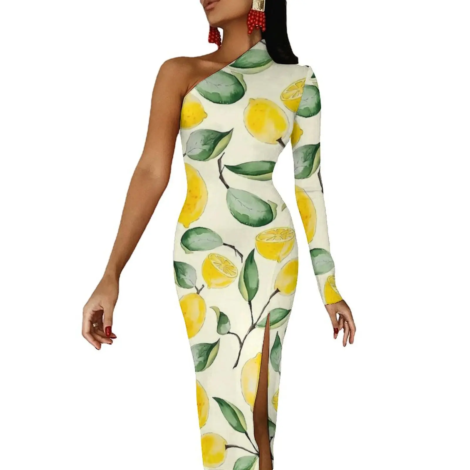 Fruit Print Bodycon Dress Summer Watercolor Lemon Sexy High Slit Long Dresses One Shoulder Pattern Party Dress